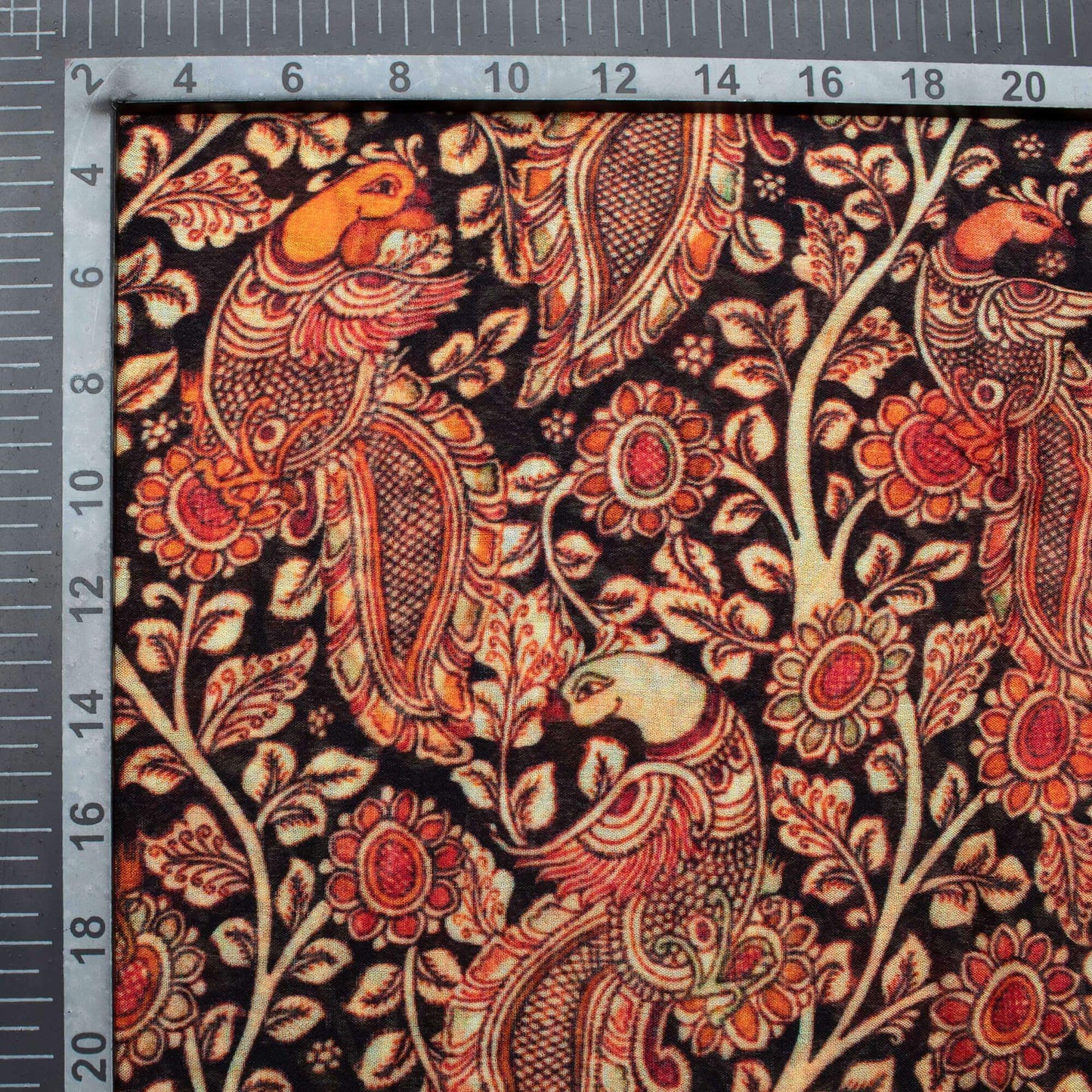 (Cut Piece 1 Mtr) Black And Red Kalamkari Pattern Digital Print Viscose Chinnon Chiffon Fabric