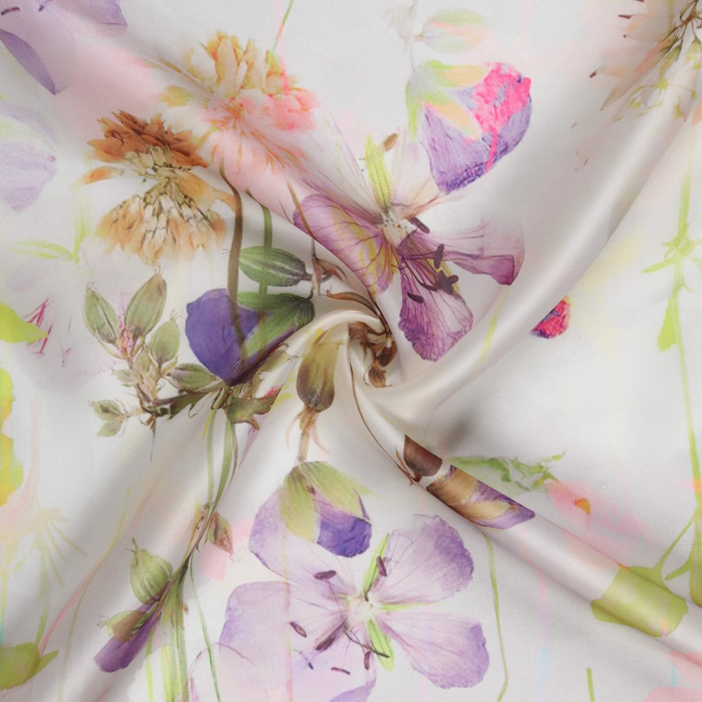 Pearl White And Lavender Purple Floral Pattern Digital Print Organza Satin Fabric