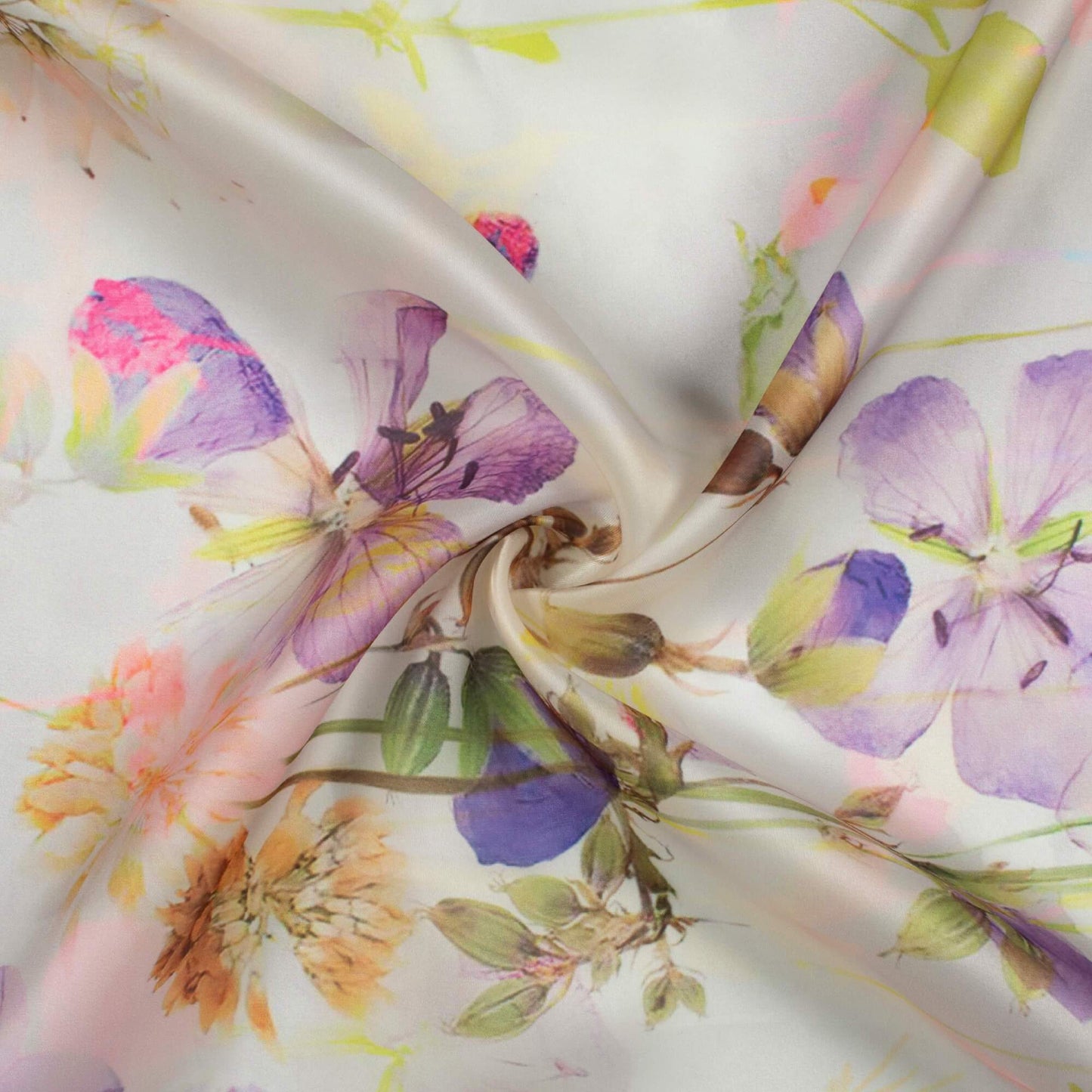 (Cut Piece 1.6 Mtr) Pearl White And Lavender Purple Floral Pattern Digital Print Organza Satin Fabric