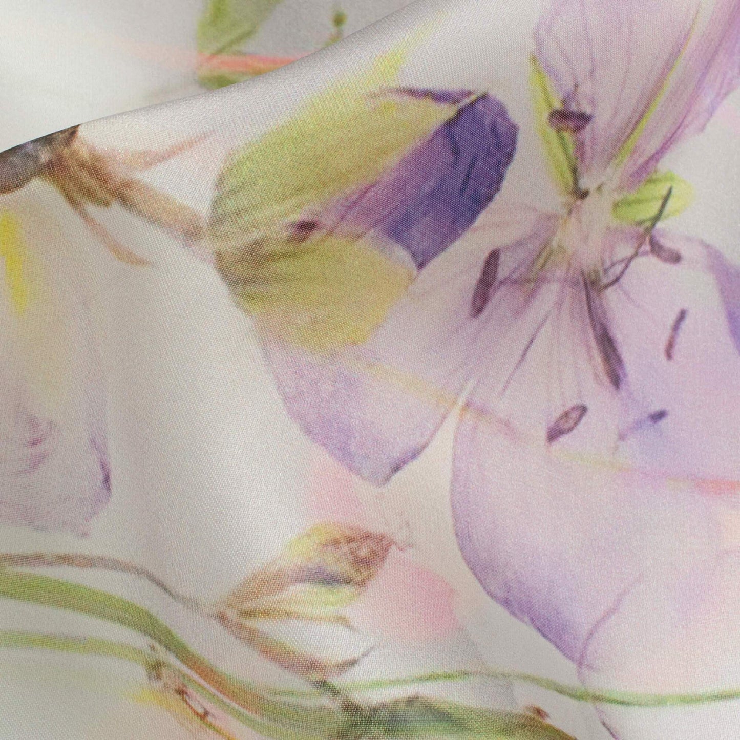 (Cut Piece 1.8 Mtr) Pearl White And Lavender Purple Floral Pattern Digital Print Organza Satin Fabric