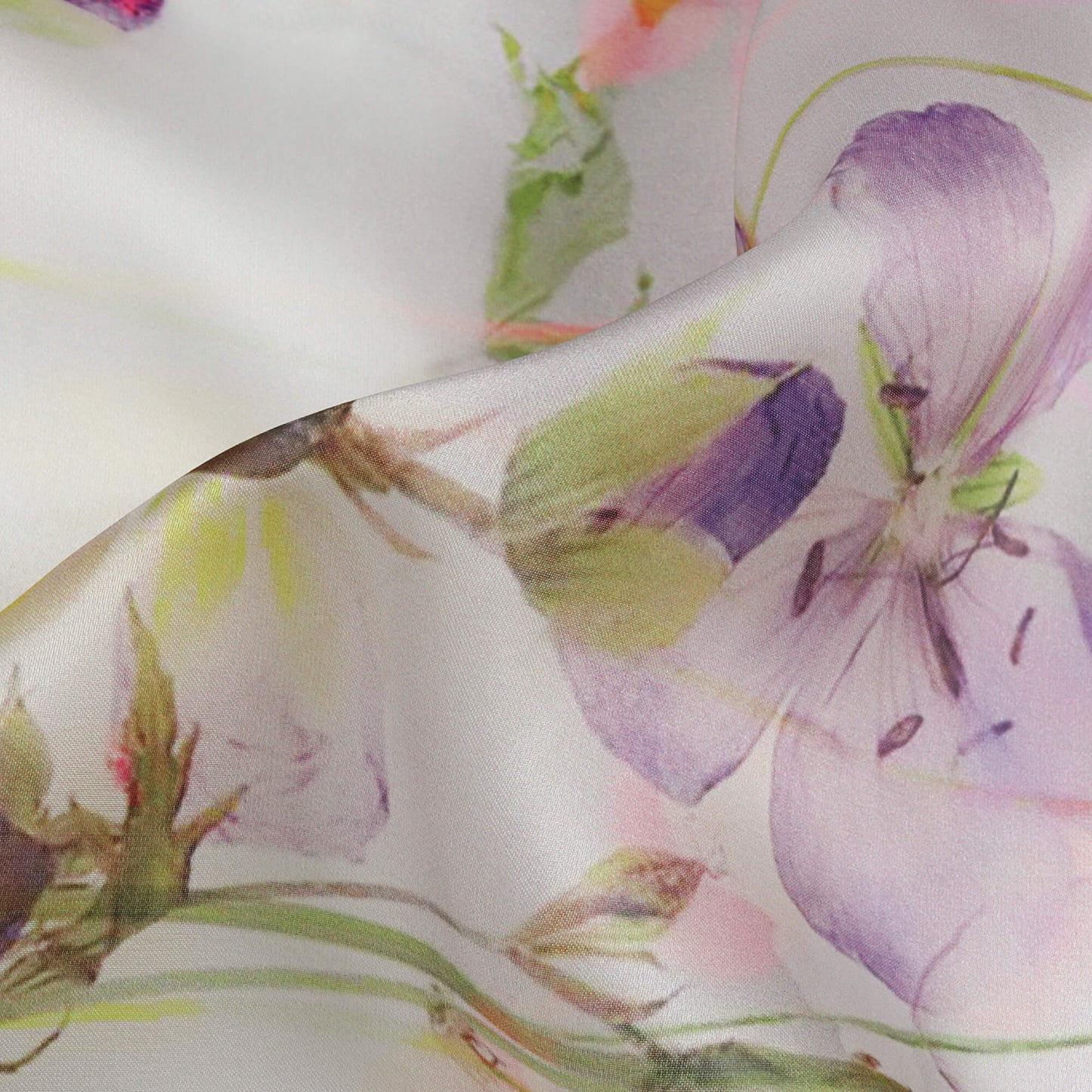 Pearl White And Lavender Purple Floral Pattern Digital Print Organza Satin Fabric