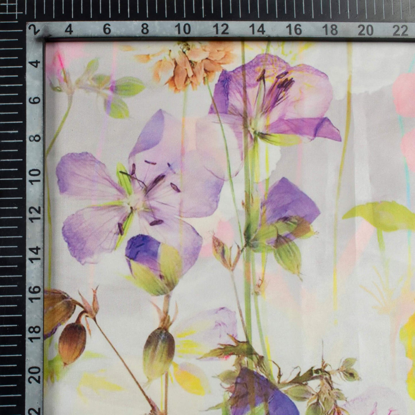 (Cut Piece 1.6 Mtr) Pearl White And Lavender Purple Floral Pattern Digital Print Organza Satin Fabric