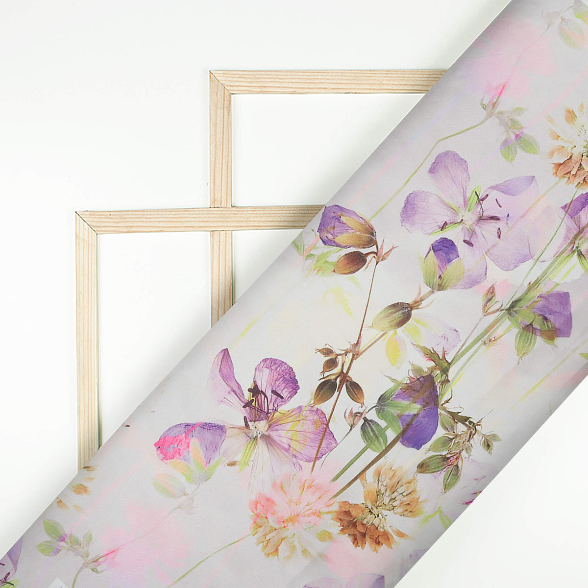 Pearl White And Lavender Purple Floral Pattern Digital Print Organza Satin Fabric