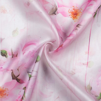 White And Rose Pink Floral Pattern Digital Print Organza Satin Fabric