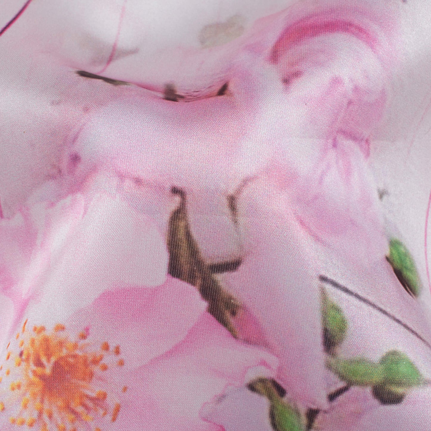 White And Rose Pink Floral Pattern Digital Print Organza Satin Fabric