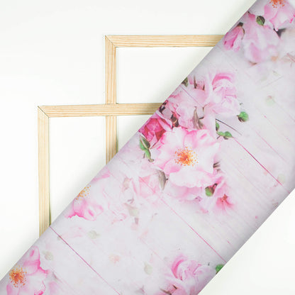 White And Rose Pink Floral Pattern Digital Print Organza Satin Fabric