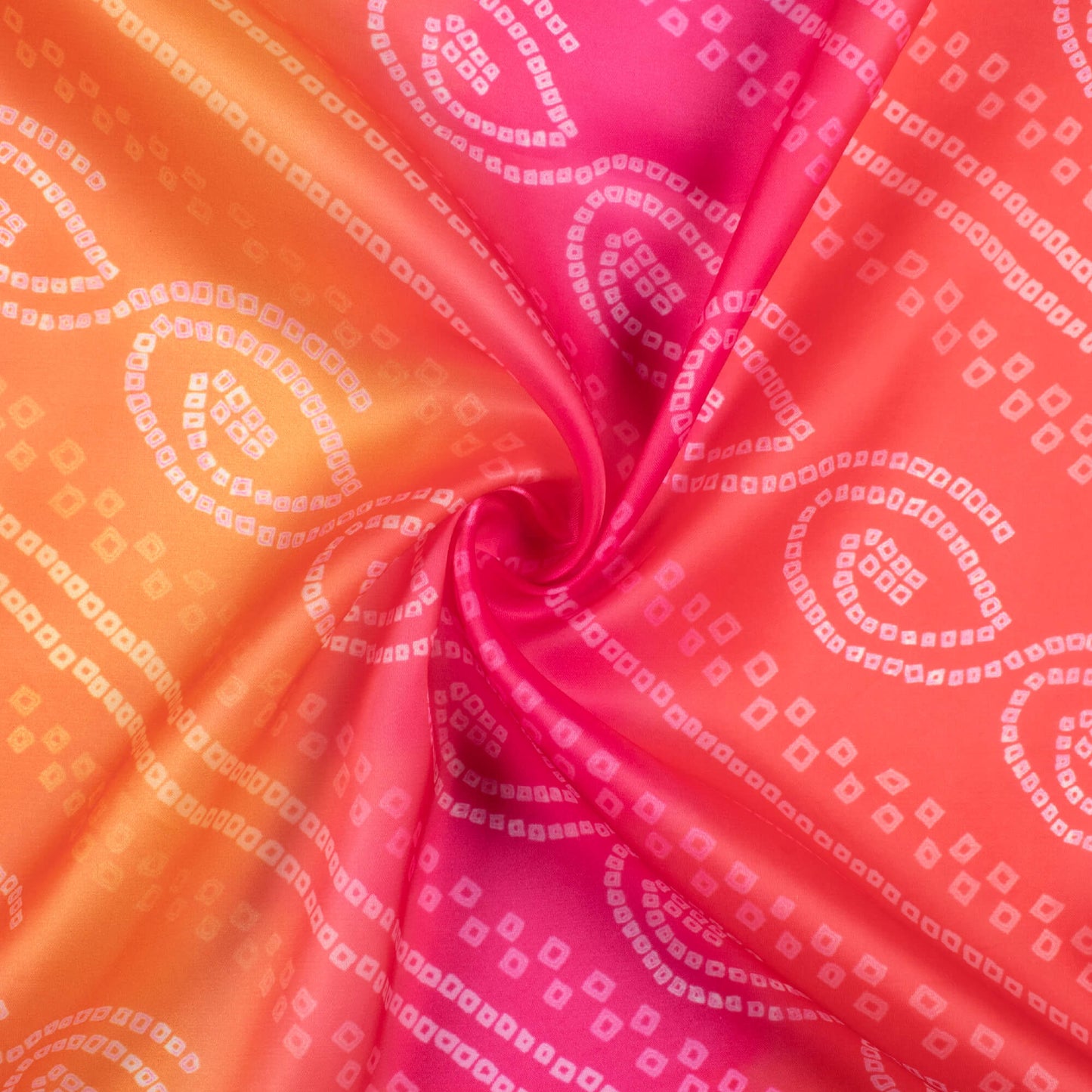 Candy Red And Carrot Orange Bandhani Pattern Digital Print Organza Satin Fabric