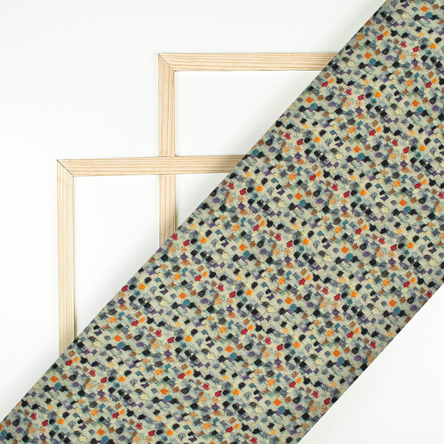 Cream And Navy Blue Geometric Pattern Digital Print Viscose Muga Silk Fabric