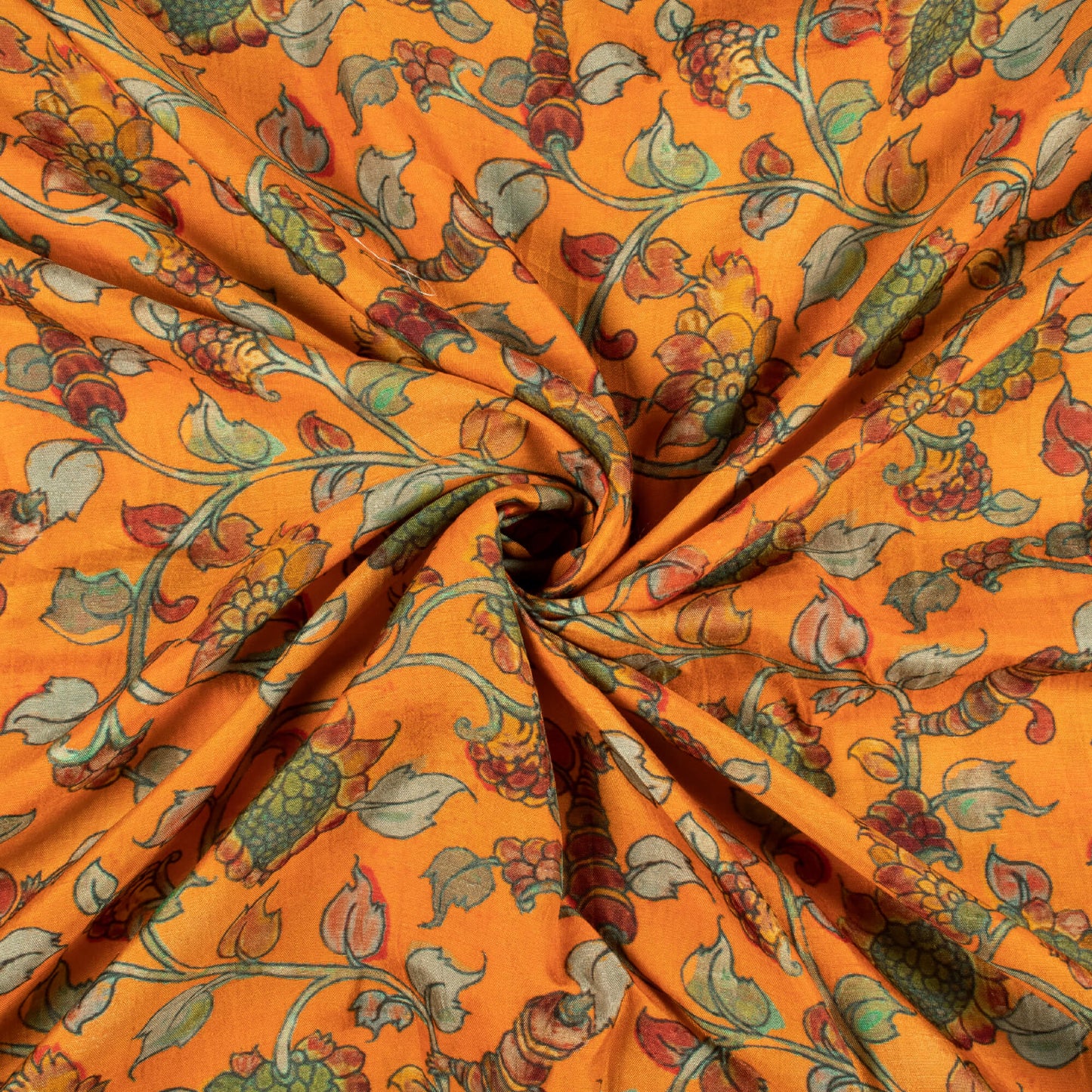 Tiger Orange And Red Kalamkari Pattern Digital Print Bemberg Raw Silk Fabric
