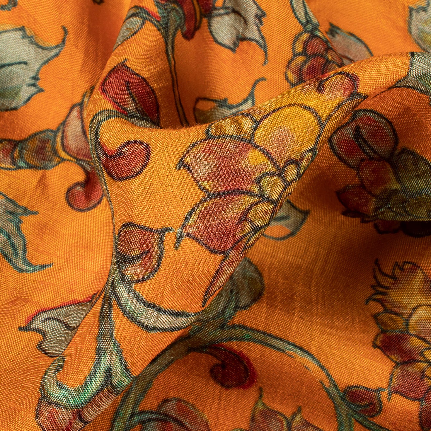 Tiger Orange And Red Kalamkari Pattern Digital Print Bemberg Raw Silk Fabric