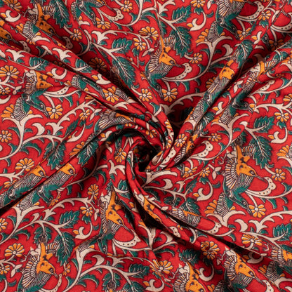 Crimson Red And Bottle Green Kalamkrii Pattern Digital Print Bemberg Raw Silk Fabric