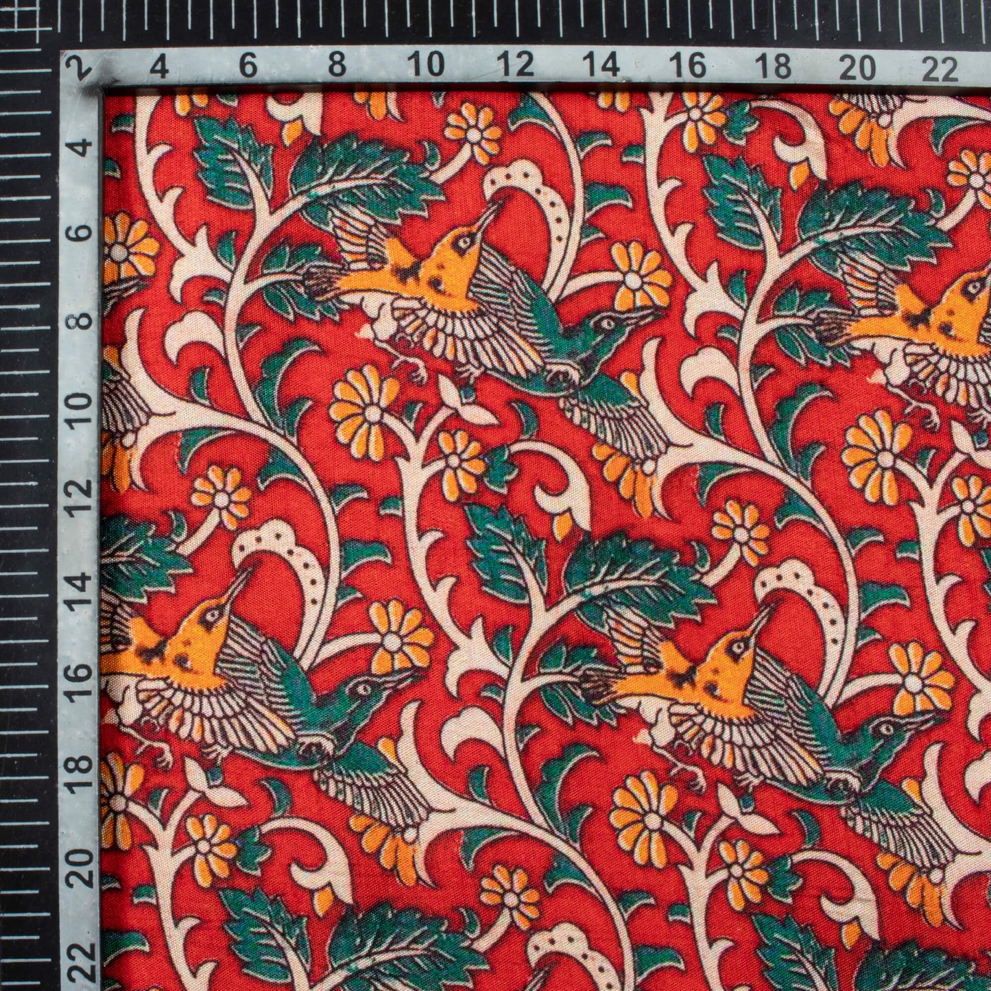 Crimson Red And Bottle Green Kalamkari Pattern Digital Print Bemberg Raw Silk Fabric