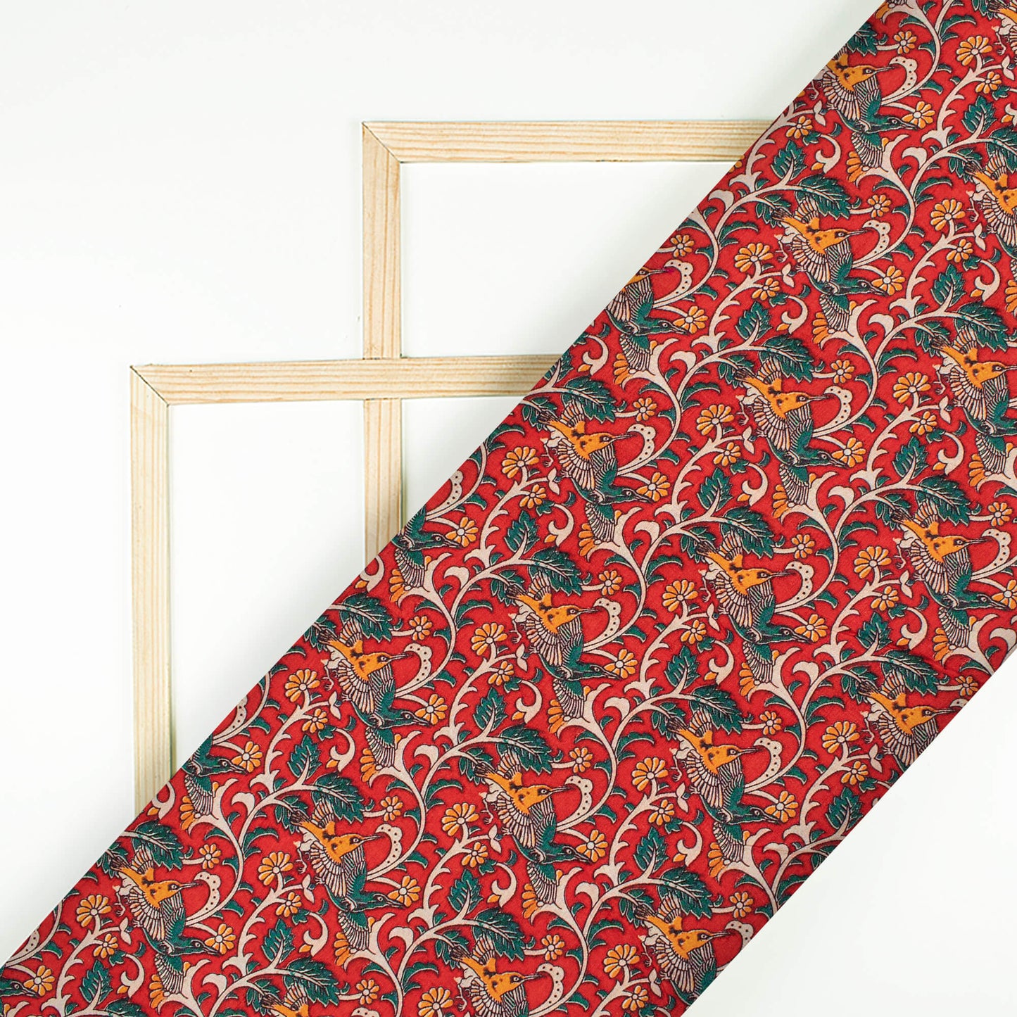 Crimson Red And Bottle Green Kalamkari Pattern Digital Print Bemberg Raw Silk Fabric