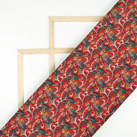 Crimson Red And Bottle Green Kalamkrii Pattern Digital Print Bemberg Raw Silk Fabric