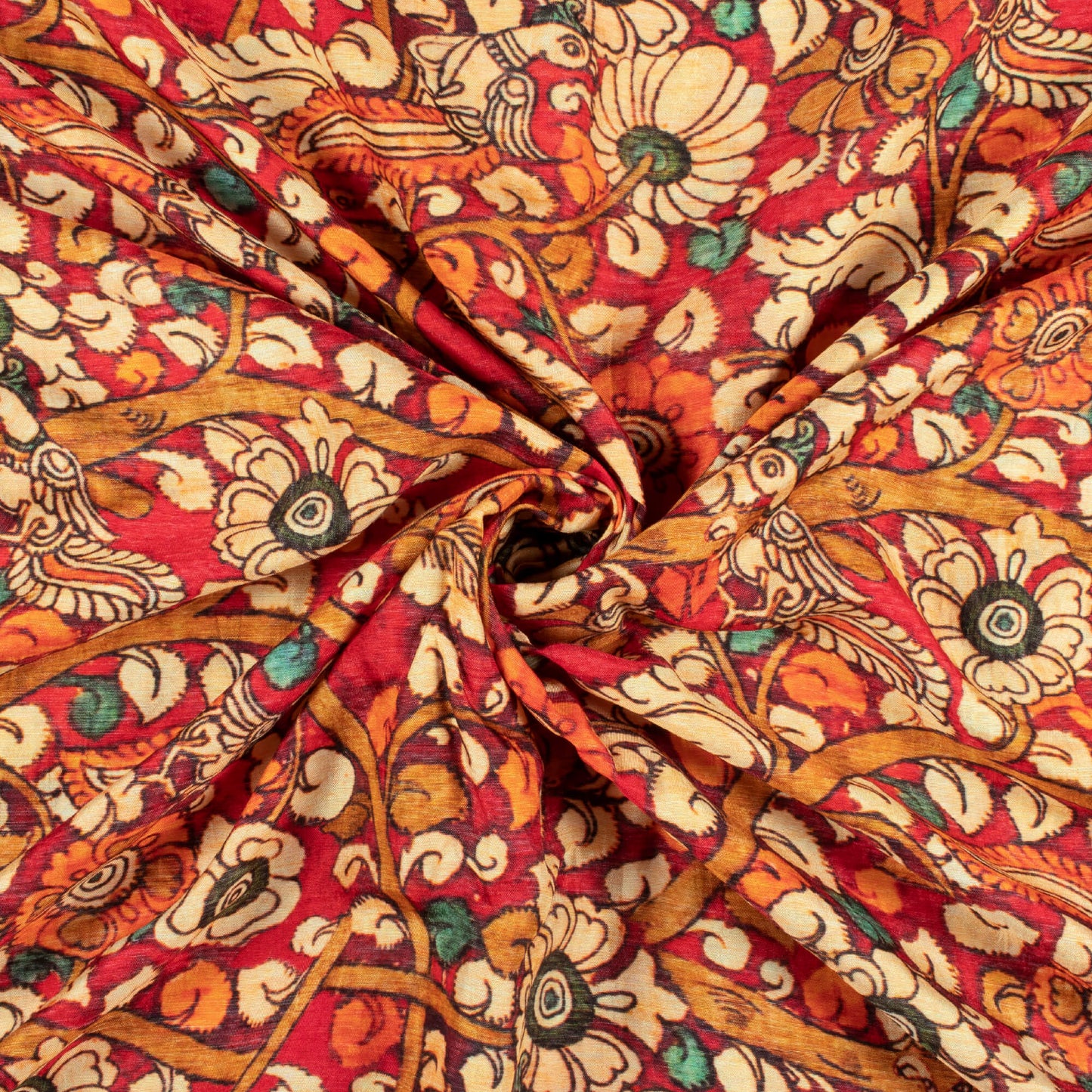 Crimson Red And Beige Kalamkari Pattern Digital Print Bemberg Raw Silk Fabric