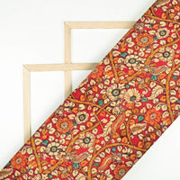 Crimson Red And Beige Kalamkrii Pattern Digital Print Bemberg Raw Silk Fabric