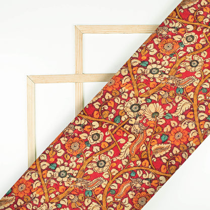 Crimson Red And Beige Kalamkrii Pattern Digital Print Bemberg Raw Silk Fabric