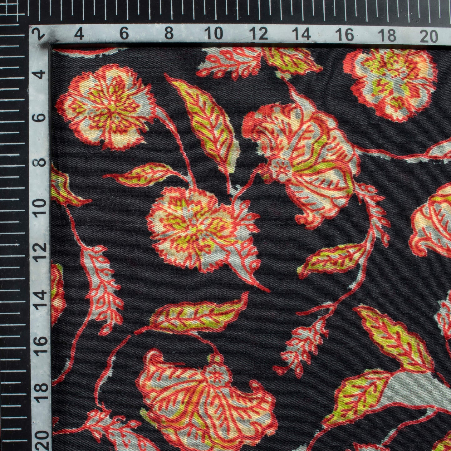 Black And Red Kalamkari Pattern Digital Print Bemberg Raw Silk Fabric