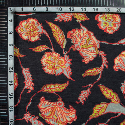 Black And Red Kalamkrii Pattern Digital Print Bemberg Raw Silk Fabric