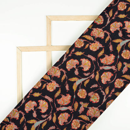 Black And Red Kalamkrii Pattern Digital Print Bemberg Raw Silk Fabric
