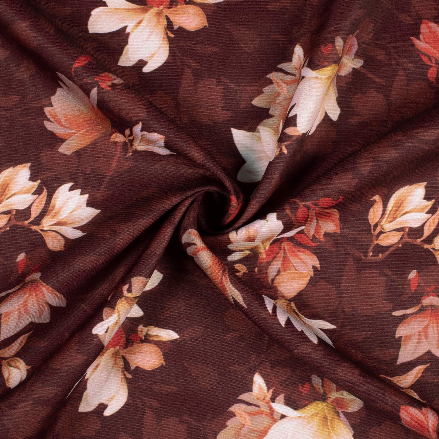 Hickory Brown And Peach Floral Pattern Digital Print Ultra Premium Butter Crepe Fabric
