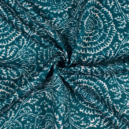 Peacock Blue And White Traditional Pattern Digital Print Ultra Premium Butter Crepe Fabric