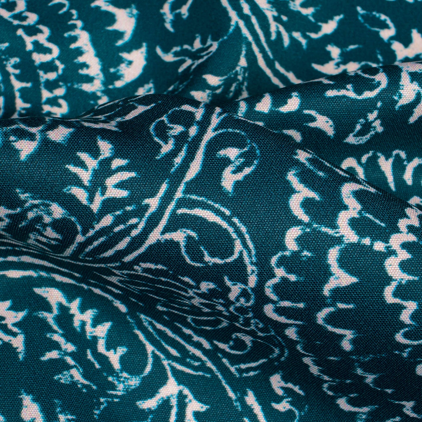 Peacock Blue And White Traditional Pattern Digital Print Ultra Premium Butter Crepe Fabric