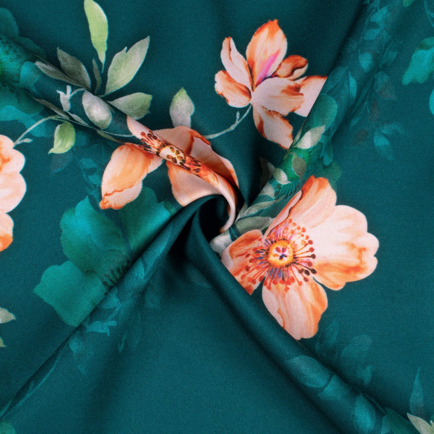 Peacock Blue And Coral Peach Floral Pattern Digital Print Ultra Premium Butter Crepe Fabric