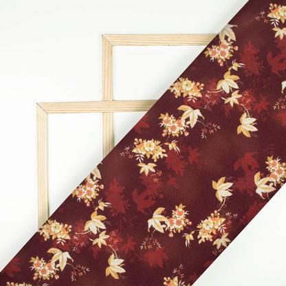 Hickory Brown And Off White Floral Pattern Digital Print Crepe Silk Fabric