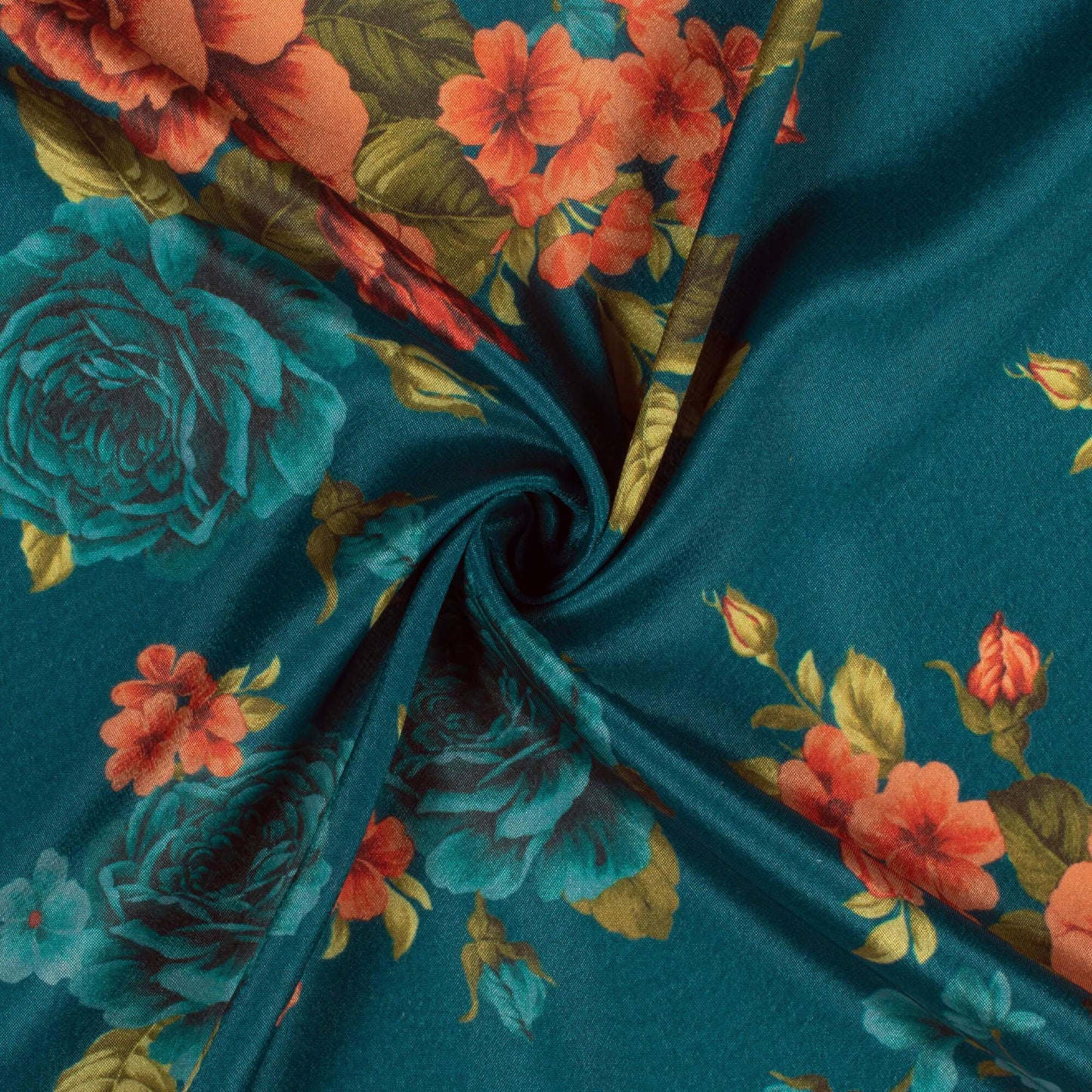 (Cut Piece 1.6 Mtr) Peacock Blue And Blush Red Floral Pattern Digital Print Crepe Silk Fabric