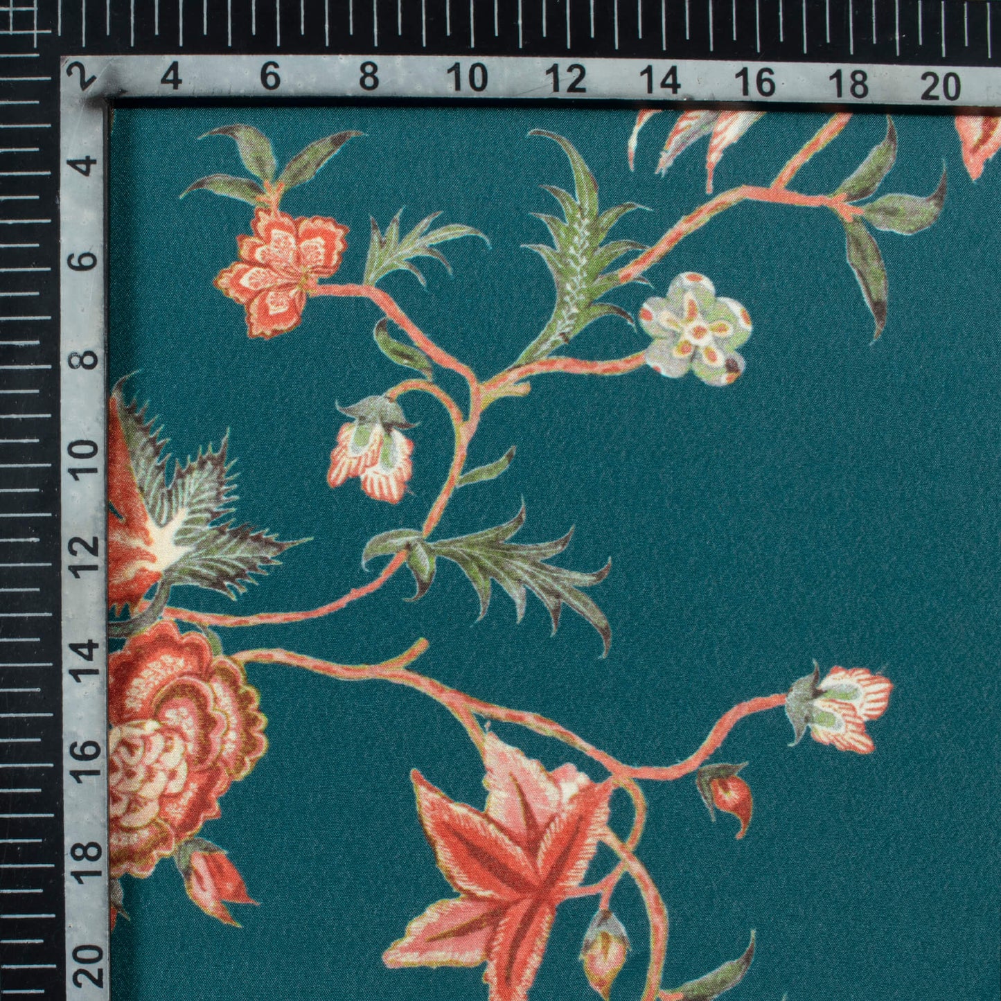 Peacock Blue And Red Floral Pattern Digital Print Crepe Silk Fabric