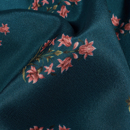Peacock Blue And Rose Pink Floral Pattern Digital Print Crepe Silk Fabric
