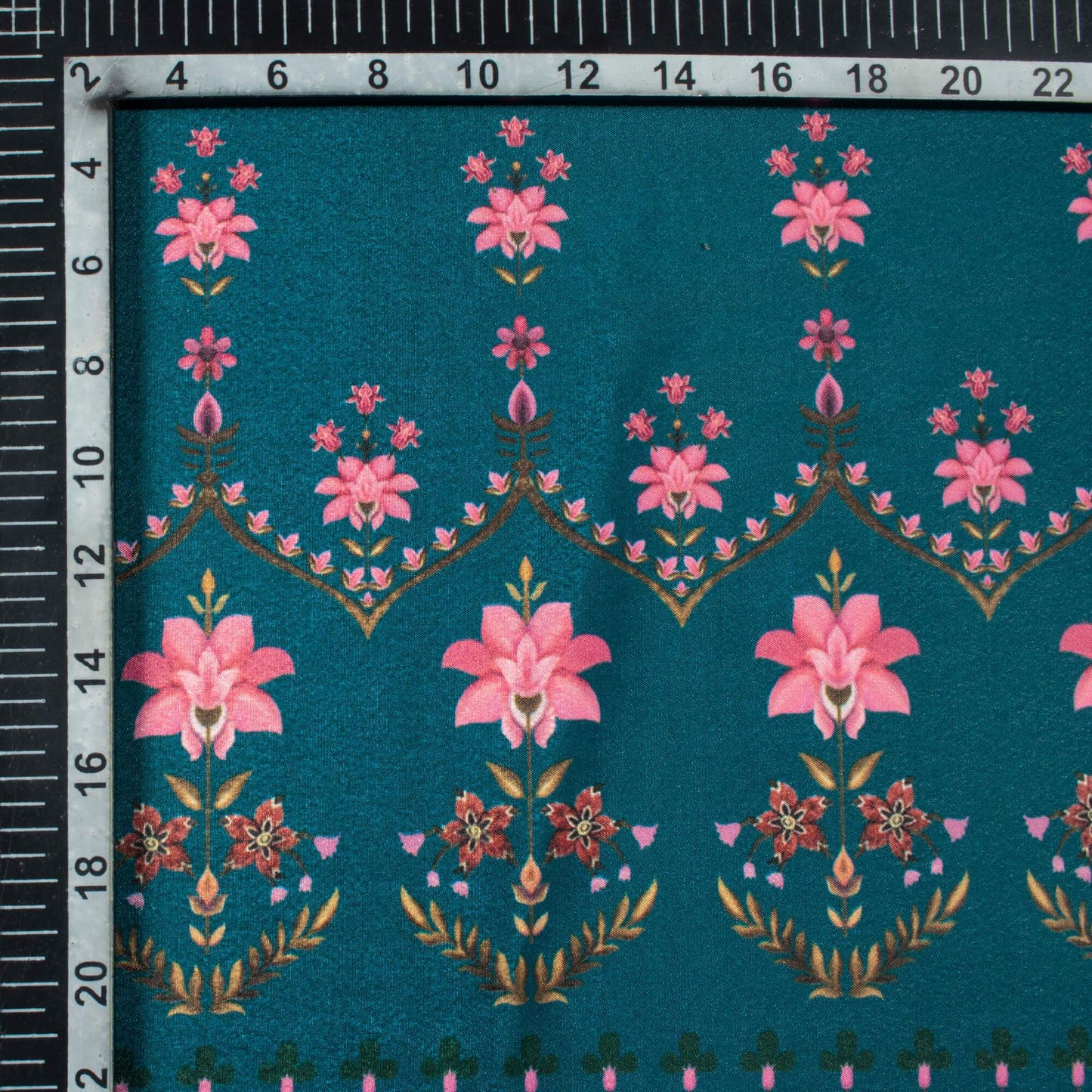(Cut Piece 0.8 Mtr) Peacock Blue And Rose Pink Floral Pattern Digital Print Crepe Silk Fabric