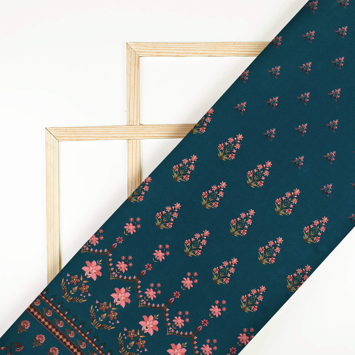 Peacock Blue And Rose Pink Floral Pattern Digital Print Crepe Silk Fabric