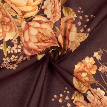 Hickory Brown And Peach Floral Pattern Digital Print Georgette Fabric
