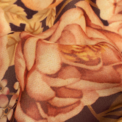 Hickory Brown And Peach Floral Pattern Digital Print Georgette Fabric