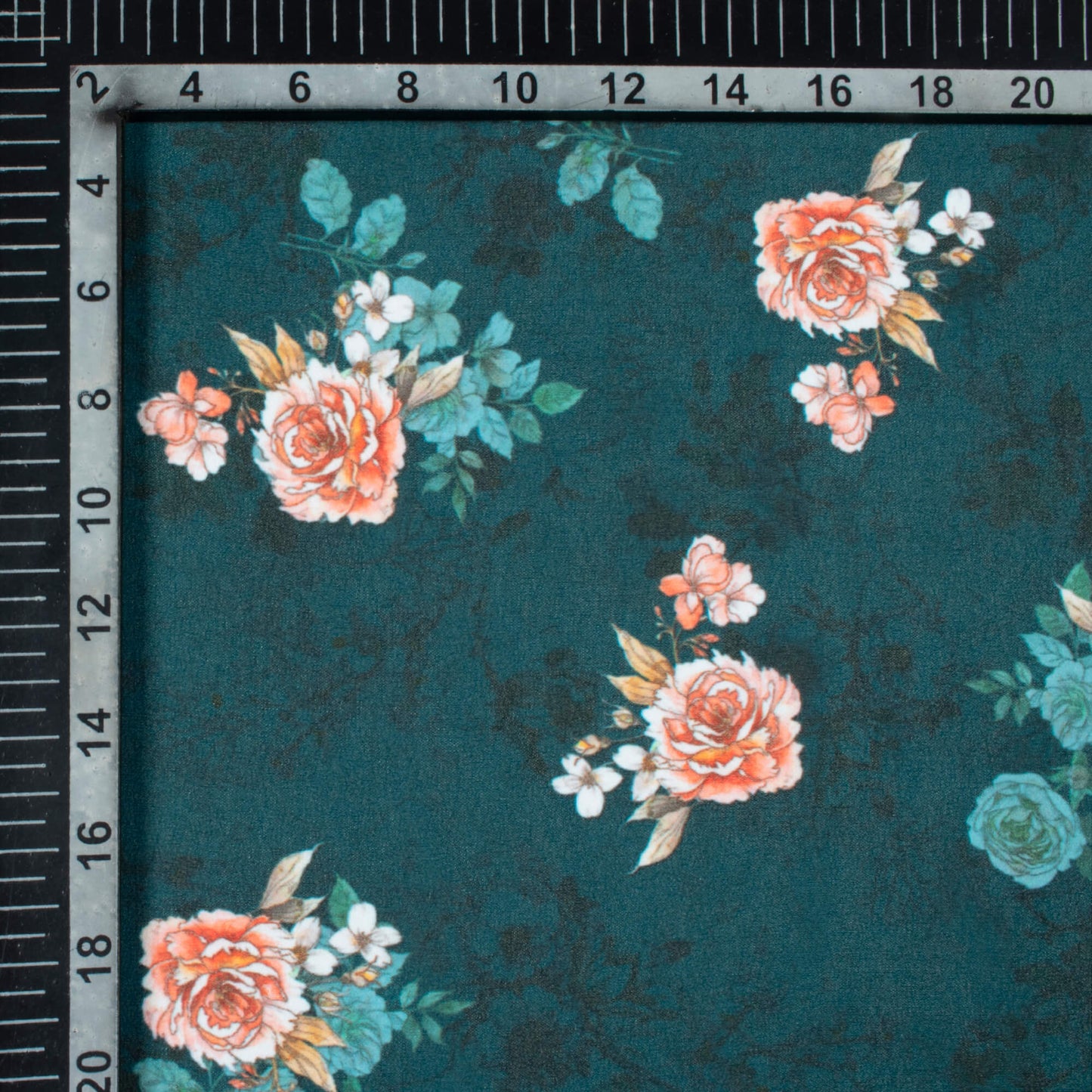 Peacock Blue And Peach Floral Pattern Digital Print Georgette Fabric