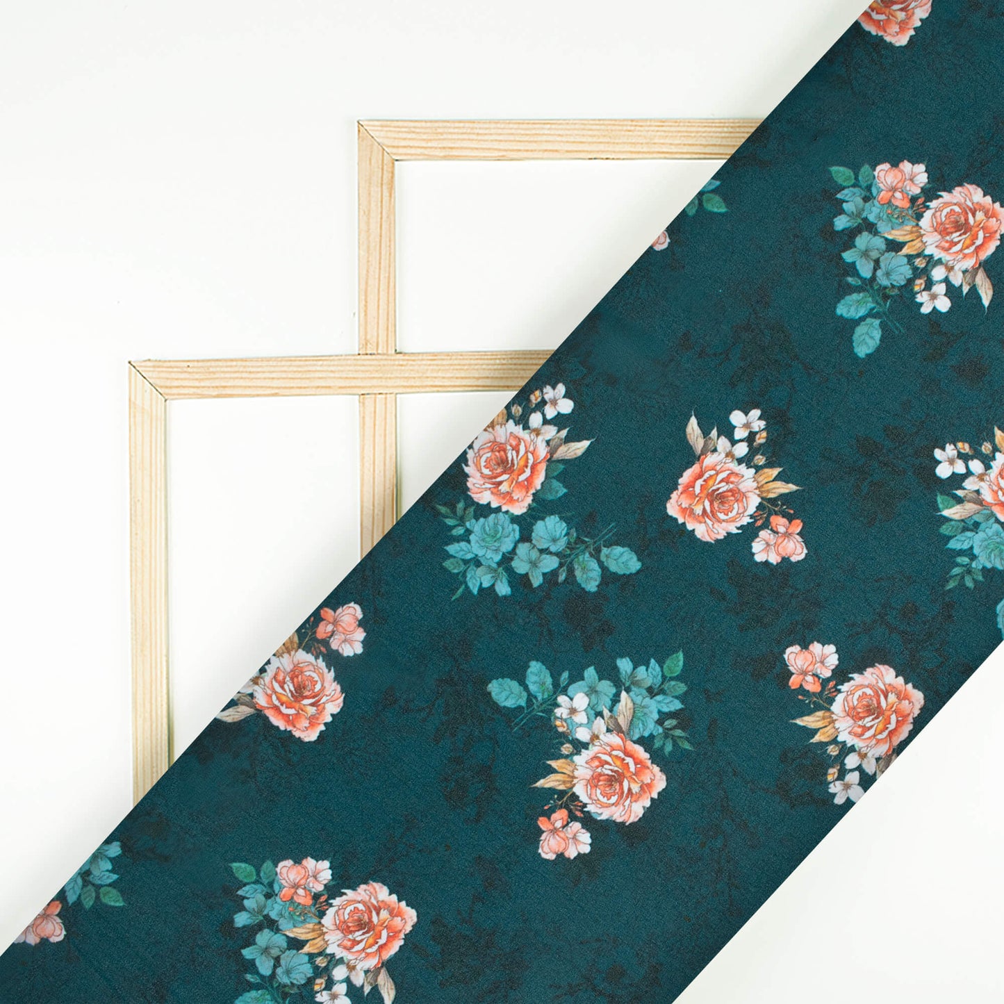 Peacock Blue And Peach Floral Pattern Digital Print Georgette Fabric