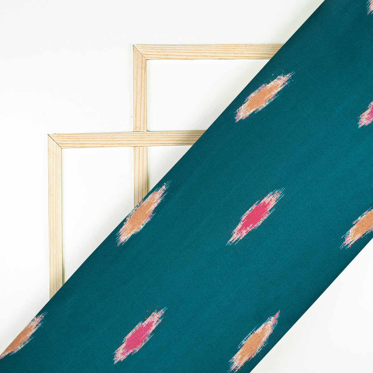 Peacock Blue And Carrot Orange Ikkat Pattern Digital Print Japan Satin Fabric