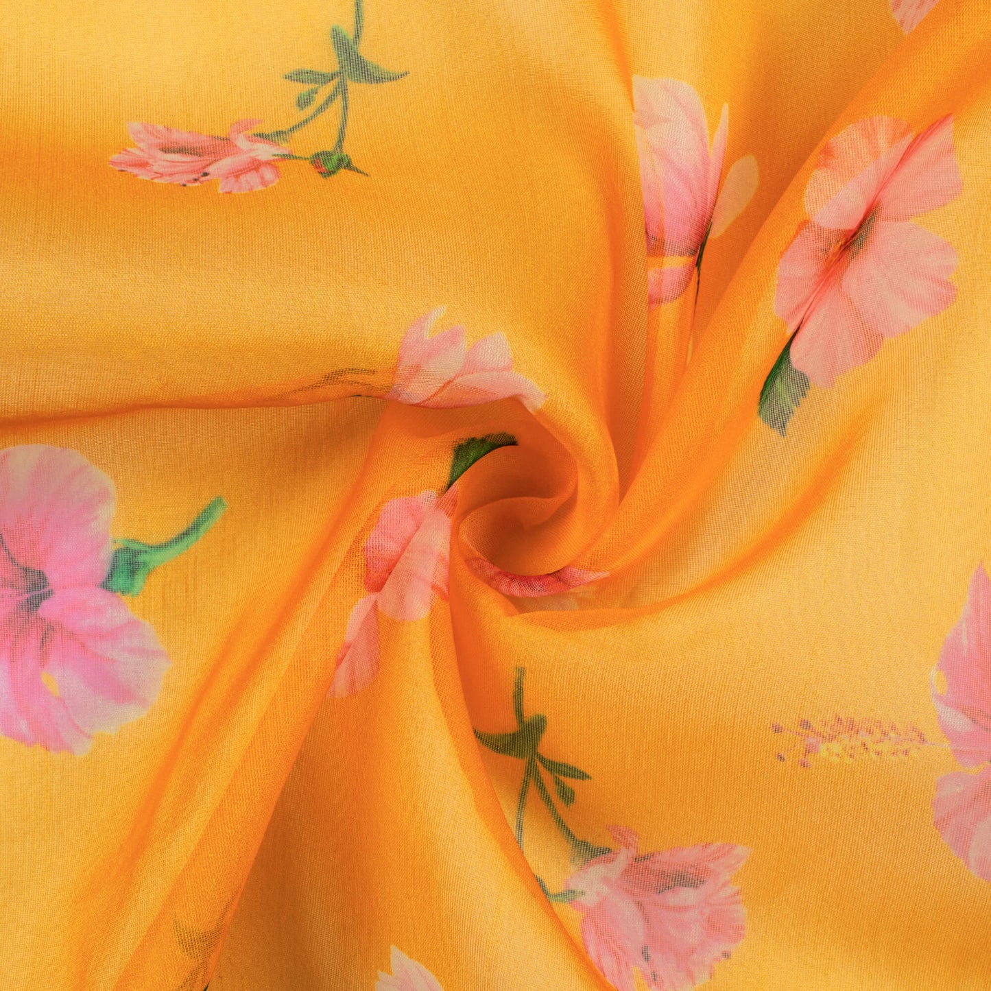 Amber Yellow And Rose Pink Floral Pattern Digital Print Organza Fabric