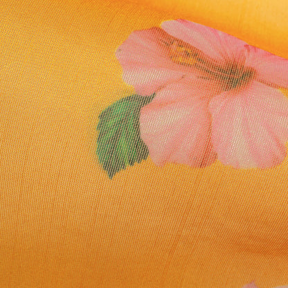 Amber Yellow And Rose Pink Floral Pattern Digital Print Organza Fabric