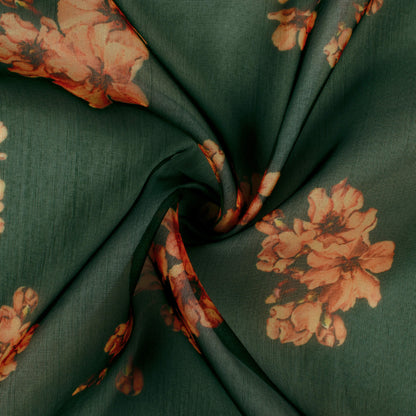 Bottle Green And Peach Floral Pattern Digital Print Organza Fabric