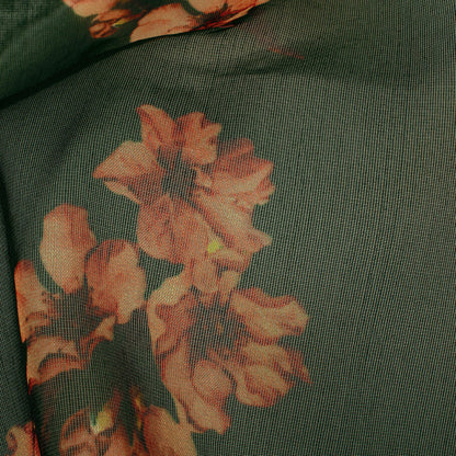 Bottle Green And Peach Floral Pattern Digital Print Organza Fabric