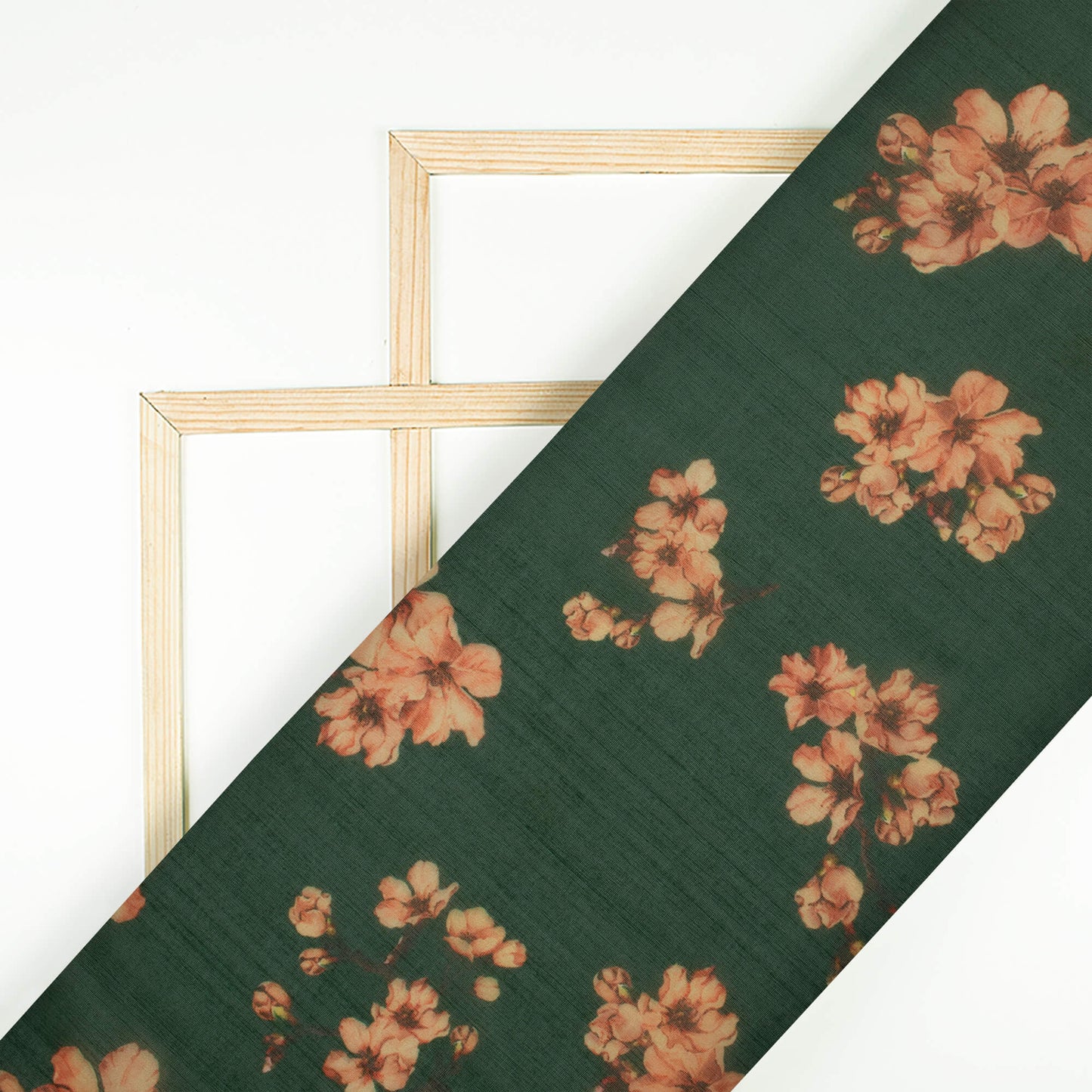 Bottle Green And Peach Floral Pattern Digital Print Organza Fabric