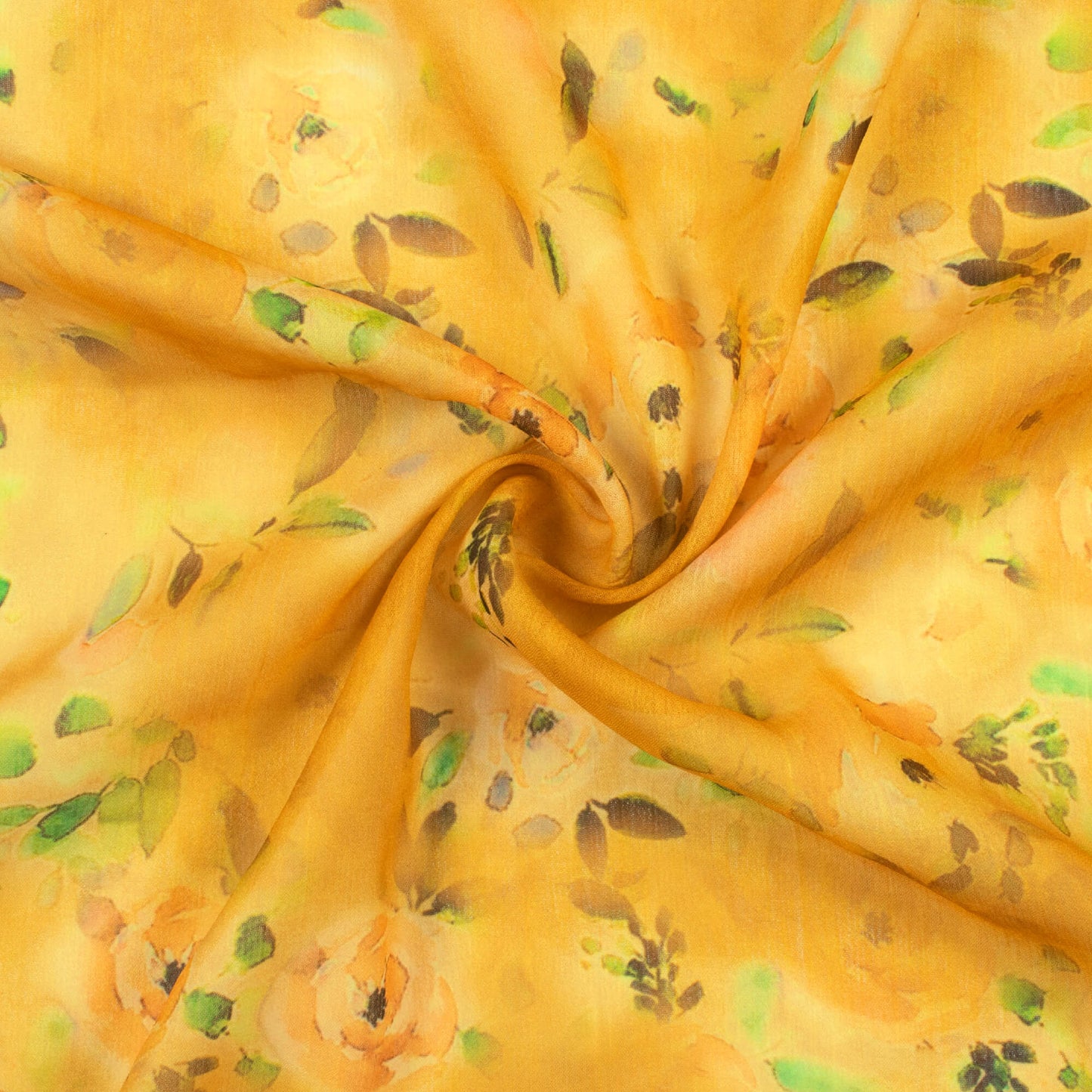 Dijon Yellow And Green Floral Pattern Digital Print Chiffon Fabric
