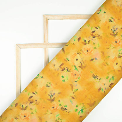 Dijon Yellow And Green Floral Pattern Digital Print Chiffon Fabric
