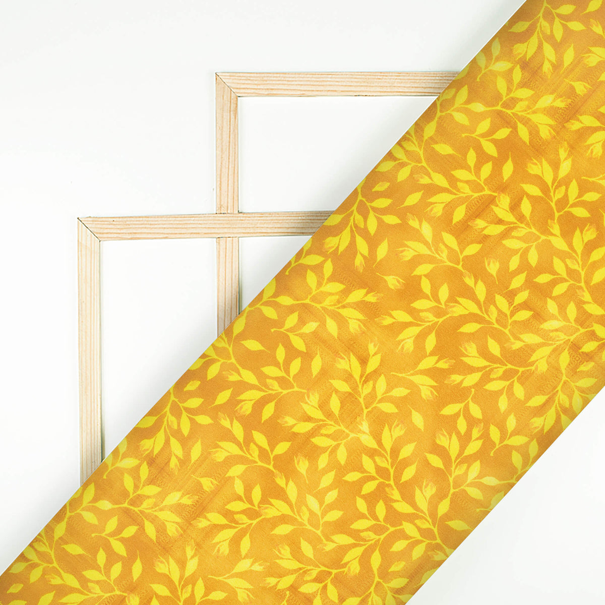 Dijon Yellow And Laguna Yellow Leaf Pattern Digital Print Japan Satin Fabric