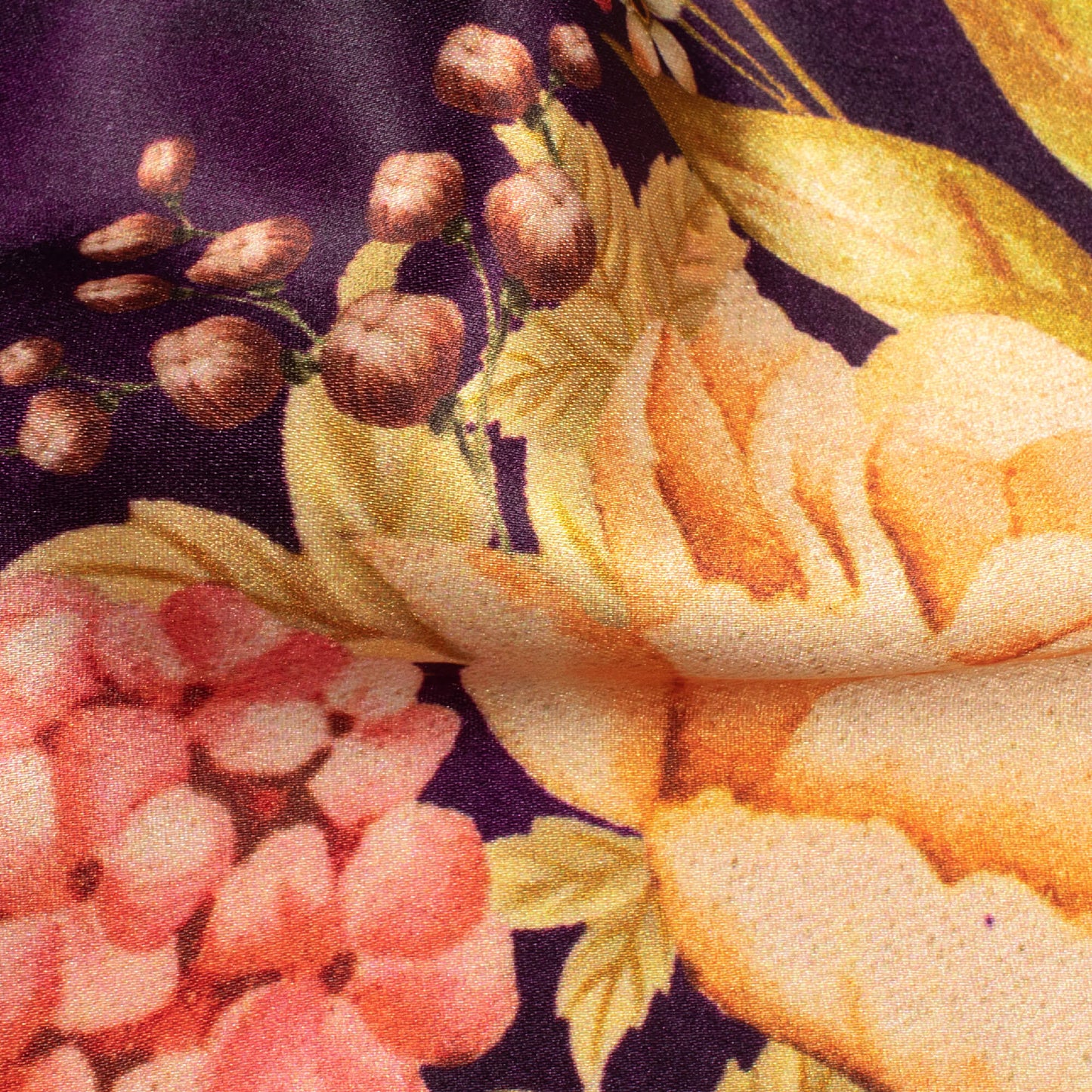 Wine Purple And Orange Floral Pattern Digital Print Japan Satin Fabric