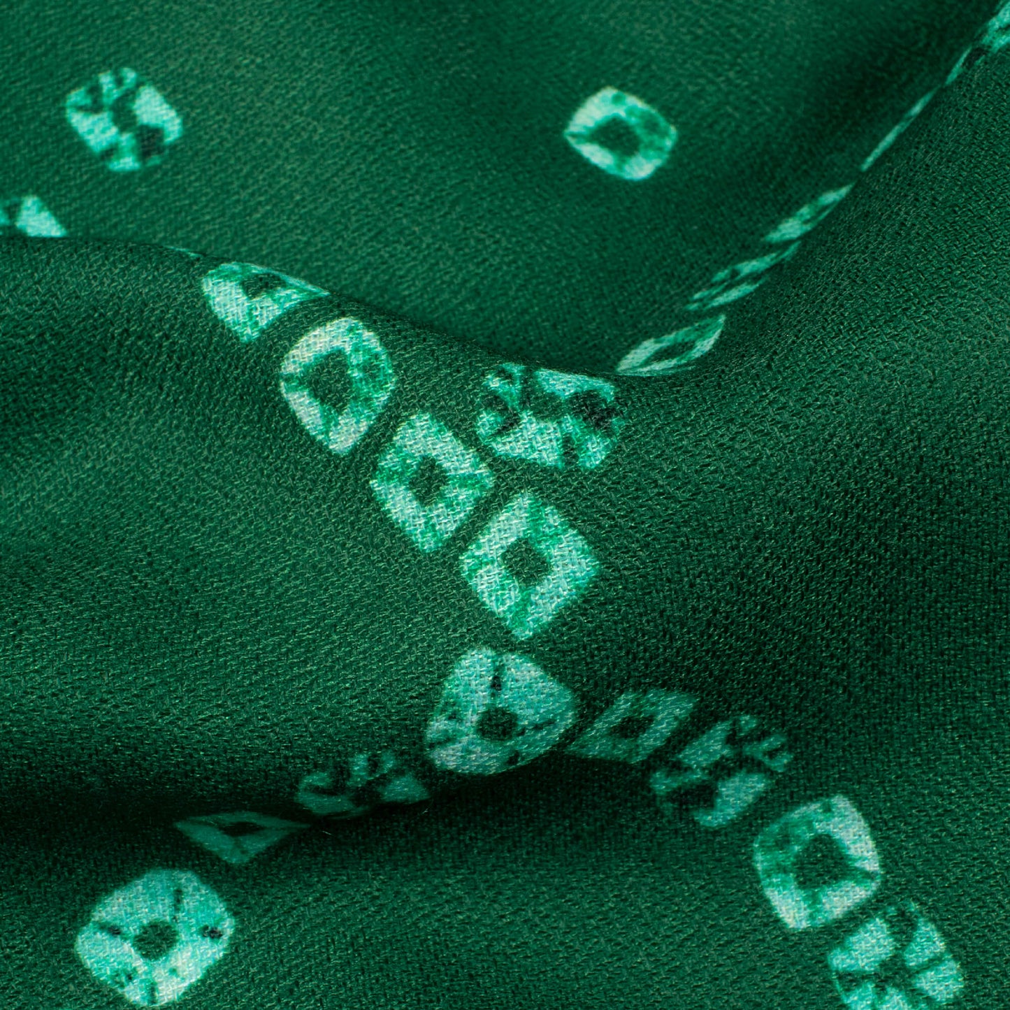 Bottle Green And White Bandhani Pattern Digital Print Moss Crepe Fabric