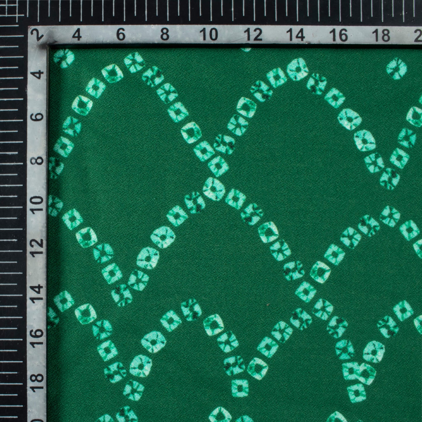 Bottle Green And White Bandhani Pattern Digital Print Moss Crepe Fabric